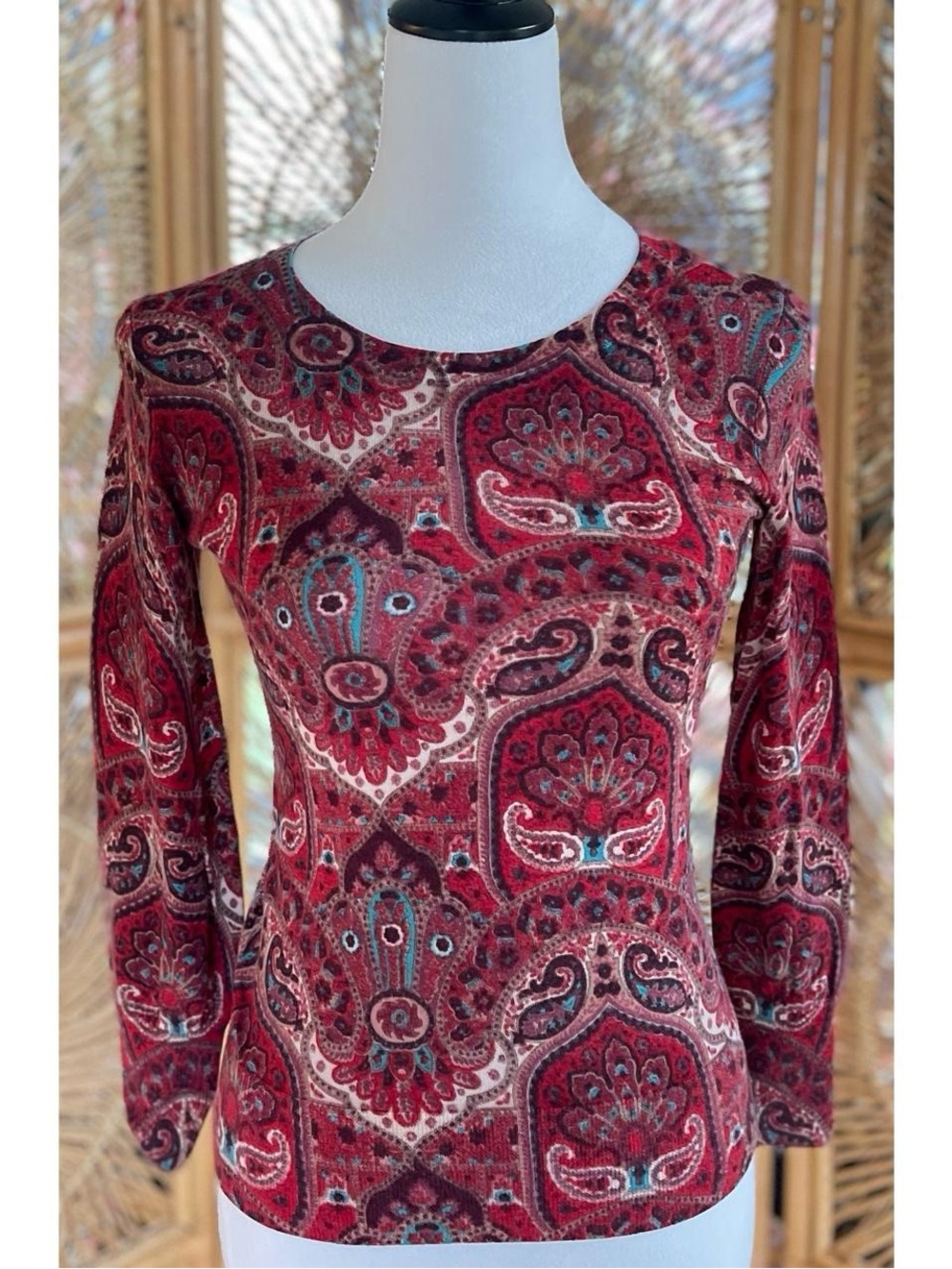 Talbots Petites Red Paisley Pure Merino Wool Lightweight Sweater - Picture 7 of 7